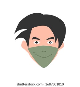 Emotions mask epidemic man in chinese style on white background.  Smile icon. Stop coronavirus. Face pollution mask.
child protection during a pandemic. 
Cartoon flat vector illustrations.