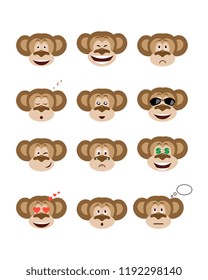 Emotions monkey set. Smiling, bored, enamored, sleepy, sad and other emotions chimpanzees collection. Set expressions avatar