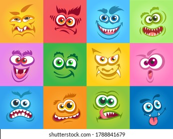 Emotions monsters faces. Cartoon cute halloween characters, square emoji masks with expressions emotion, vector illustration of avatar collection of funny, scary and strange monster