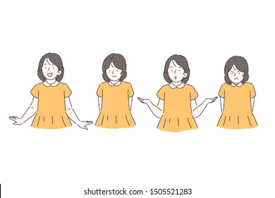 Emotions, mood, experiences, child set. Little Girl a different feeling of happiness, satisfaction, success, surprise and anger displeasure. Vector flat design.