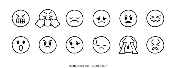Conjunto de estilos monocromáticos negativos de emoções. Vetore caracteres desagradáveis com faces em tons de cinza. Grimacing e vapor do nariz, triste, mas aliviado, chorando alto e ícones downcast