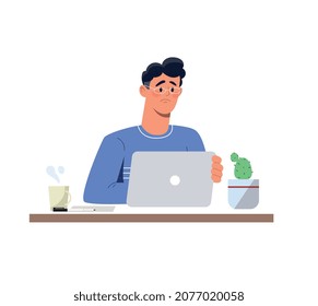 Emotions on face concept. Sad male employee does not have time to complete task by deadline. Tired entrepreneur made mistake. Young man sitting at table with laptop. Cartoon flat vector illustration