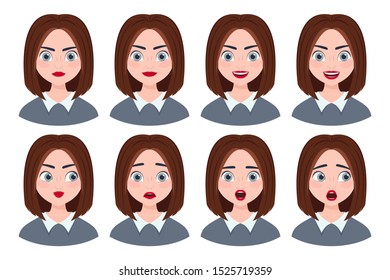 emotions on the face of a cute brunette girl. vector illustration. joy and surprise, resentment and delight. female facial expressions.