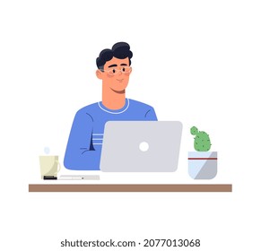 Emotions on face. Male employee performs task and smiles. Quiet working day. Energetic entrepreneur. Efficiency and productivity. Man sitting at table with laptop. Cartoon flat vector illustration