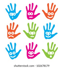 Emotions on the palms. Funny collection of vector icons.