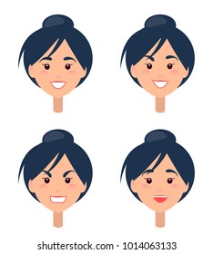 Emotions on womans face. Brunette female character with facial expressions of happiness and anger isolated cartoon flat vector illustrations set.