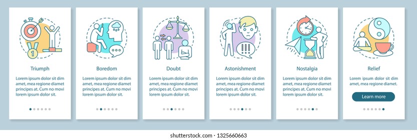 Emotions onboarding mobile app page screen vector template. Feeling management. Mental health. Walkthrough website steps with linear illustrations. UX, UI, GUI smartphone interface concept