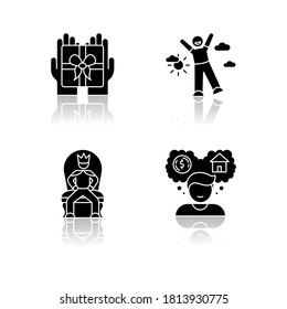 Emociones y rasgos de personalidad dejan caer la sombra de los iconos de glifos negros. Sentimientos humanos, buenas y malas cualidades. Gratitud, euforia, orgullo y deseo. Ilustraciones vectoriales aisladas en el espacio blanco