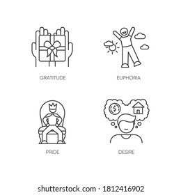 Emotions and personality traits pixel perfect linear icons set. Customizable thin line contour symbols. Gratitude, euphoria, pride and desire. Isolated vector outline illustrations. Editable stroke