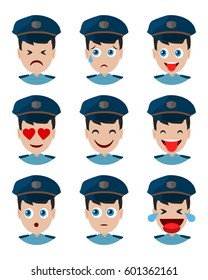 Emotions policeman icon. Set expressions avatar cop. Face constable police