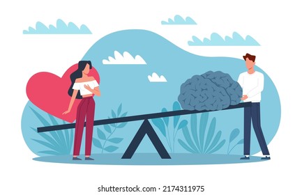 Emotions and practicality. Instinct and logic, brain vs heart, elements on scales, male and female type of thinking, love and knowledge, different path to decision making, vector concept