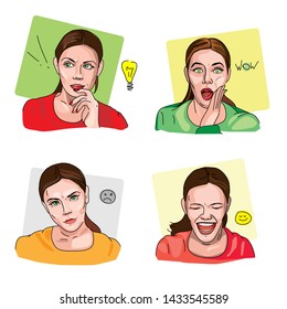 Emotions pretty girl in everyday life. Idea! Astonishment, laughter and discontent frustration, bad mood. Vector. Character.