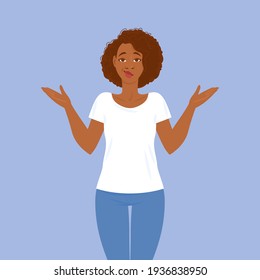 Emotions. Pretty young black woman in casual clothes with hair in Afro style shrugs in confusion. Suitable for animation