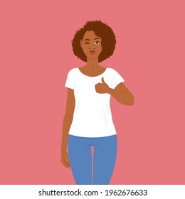Emotions. Pretty young black woman in casual clothes with hair in Afro style shows that everything is fine - okay gesture. Suitable for animation