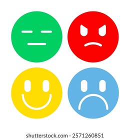 Emotions Psychology Icon Vector, Flat Design Illustrations Featuring Happy, Sad, Angry, and Neutral Faces for Mental Health, Therapy, Counseling, and Wellness Concepts.