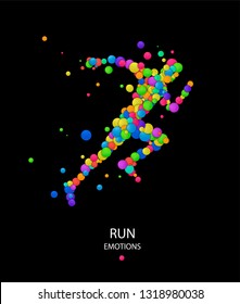 emotions of run, man runner looks like vivid colored rounds isolated on black background