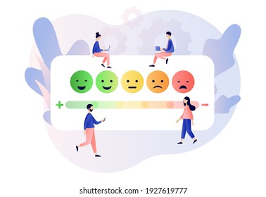 Emotions scale with arrow from green to red. Tiny people leave feedback. Emoji set for mood tracker. Excellent, good and normal, bad and awful. Modern flat cartoon style. Vector illustration