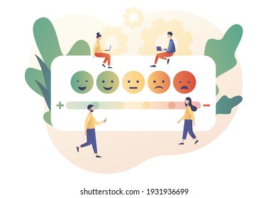 Emotions scale with arrow from green to red. Emoji set for mood tracker. Excellent, good and normal, bad and awful. Tiny people leave feedback. Modern flat cartoon style. Vector illustration