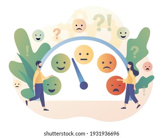 Emotionen-Skala. Stimmungskonzept. Ausgezeichnet, gut und normal, schlecht und schrecklich. Kleine Leute hinterlassen Feedback. Emoji setzte sich für Stimmung-Tracker ein. Moderner, flacher Cartoon-Stil. Vektorgrafik auf weißem Hintergrund