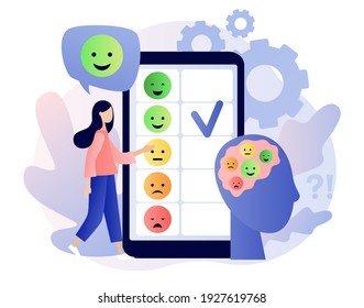 Emotions scale on smartphone screen. Mood concept. Tiny girl leave feedback online. Emoji set for mood tracker. Excellent, good and normal, bad and awful. Modern flat cartoon style.Vector illustration