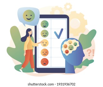 Emotions scale on smartphone screen. Mood concept. Excellent, good and normal, bad and awful. Tiny girl leave feedback online. Emoji set for mood tracker. Modern flat cartoon style.Vector illustration