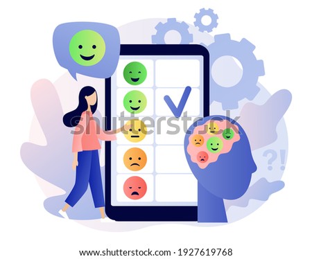 Emotions scale on smartphone screen. Mood concept. Tiny girl leave feedback online. Emoji set for mood tracker. Excellent, good and normal, bad and awful. Modern flat cartoon style.Vector illustration