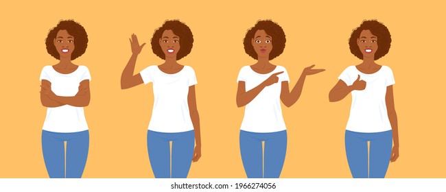 Emotions. A series of poses with smiling young black women in casual clothes with hair in Afro style talking about something good. Suitable for animation
