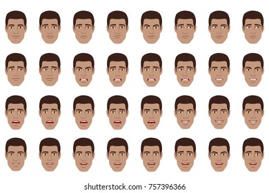 Emotions set. Black Man with different emotions and facial expressions. Portrait of Black Man character in a flat style. Vector illustration.