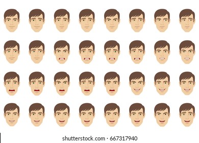 Emotions set. Businessman with different emotions and facial expressions. Portrait of businessman character in a flat style. Vector illustration.