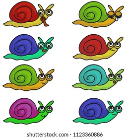 Emotions, set, colorful snails, disgust, joy, happiness, smile, pleasure, tears, sadness, sadness, irritation, surprise, shock, anxiety, eyes, seashell, blue, purple, yellow, beautiful, brown, red
