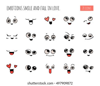Emotions. Set of doodle faces. Smile.