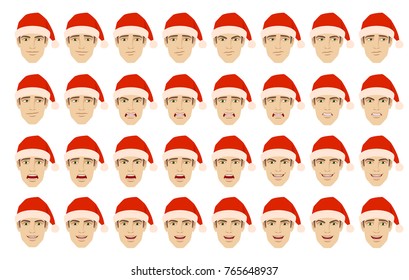 Emotions set. Man in the Santa hat with different emotions and facial expressions. Portrait of businessman character in a flat style. Vector illustration.