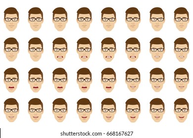 Emotions set. Man wearing glasses  with different emotions and facial expressions. Portrait of businessman character in a flat style. Vector illustration.