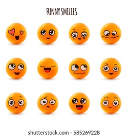 Emotions. Set of smiley face icons with different facial expressions. 3D. Isolated on white.  Vector characters.