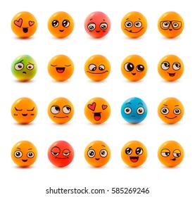 Emotions. Set of smiley face icons with different facial expressions. 3D. Isolated on white.  Vector characters.