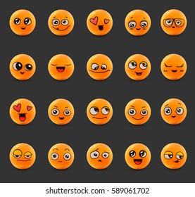 Emotions. Set of smiley face icons with different facial expressions. 3D. Isolated on white.  Vector characters.