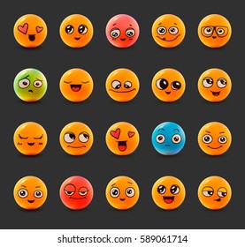Emotions. Set of smiley face icons with different facial expressions. 3D. Isolated on white.  Vector characters.