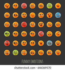 Emotions. Set of smiley face icons with different facial expressions. 3D. Isolated on white.  Vector characters.