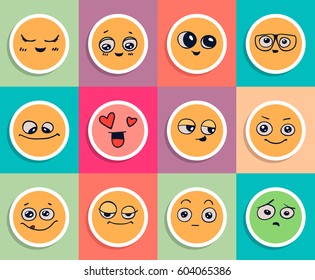 Emotions. Set of smiley face labels with different facial expressions. Isolated on white. 