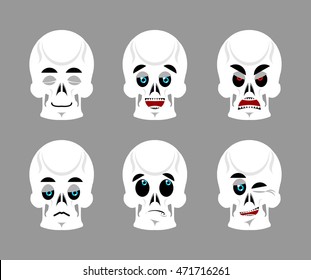 Emotions skull. Set expressions avatar skeleton. Good and evil dead. Discouraged and cheerful. Sad and sleepy. Aggressive and cute
