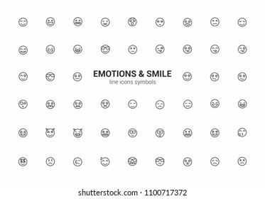 Emotions and smiles. Minimalism vector symbols, line icons set for mobile and desktop screens design.