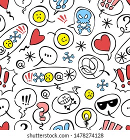 Emotions. Smilies. Question mark. Exclamation point. Dialog cloud. Seamless vector background (pattern, print). 