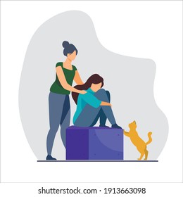 Emotionen. Konzept der Einsamkeit. Flache bearbeitbare Vektorgrafik, Clipart. Traurige weibliche Figur. Mädchen weint mit ihrer Freundin.