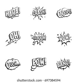Emociones en los iconos de la burbuja del habla. Conjunto de esquema de 9 emociones en iconos vectoriales de burbujas de voz para web aisladas en fondo blanco
