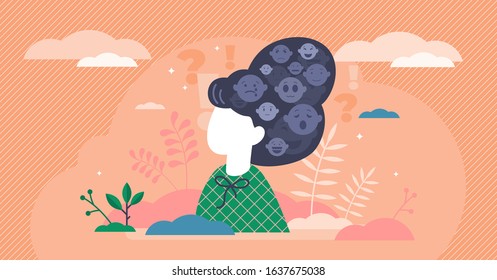 Emotions stylized art, flat tiny person vector illustration. Creative emotional symbols in the female persons head. Mental thought process activity. Psychological inner decision making and reacting.