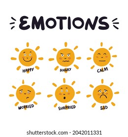 Emotions. Sun character with different expressions. Children care poster. Mental health doodle illustration. Helping kids identify and express feelings.