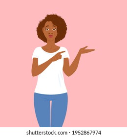 Emotions. Surprised pretty young black woman in casual clothes with hair in Afro style with eyes wide open is delighted with something in his hand and points it finger. Suitable for animation