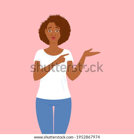 Emotions. Surprised pretty young black woman in casual clothes with hair in Afro style with eyes wide open is delighted with something in his hand and points it finger. Suitable for animation