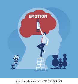 Emotions turn on and off, emotional intelligence concept with businessman turn off emotion switch on human head 