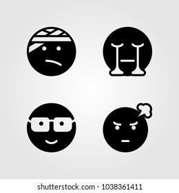 Emotions vector icon set. injured, crying, nerd and angry